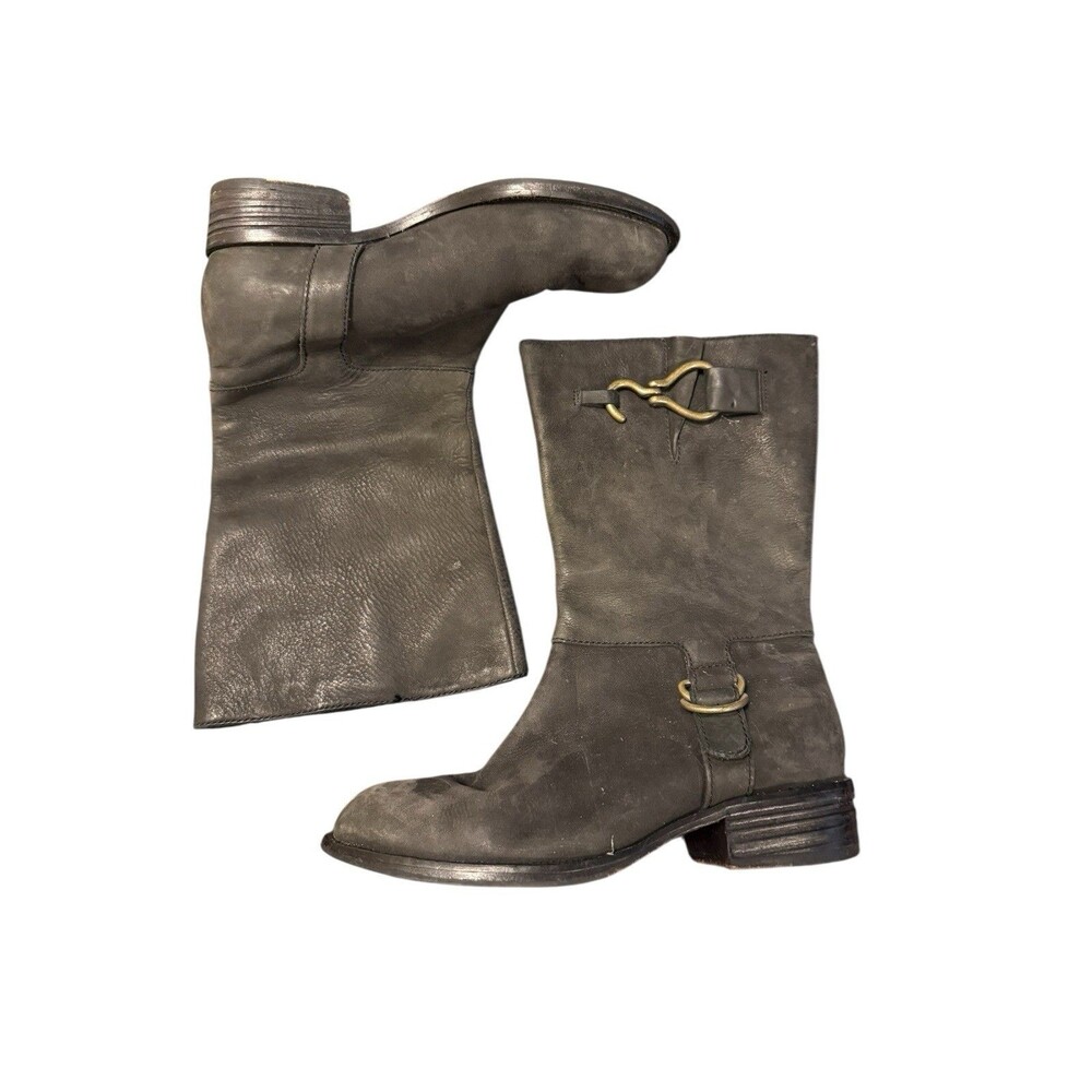 Cole Haan Boots Women 6.5B Gray Good Nike Air Distressed Leather Moto Mid-Calf
